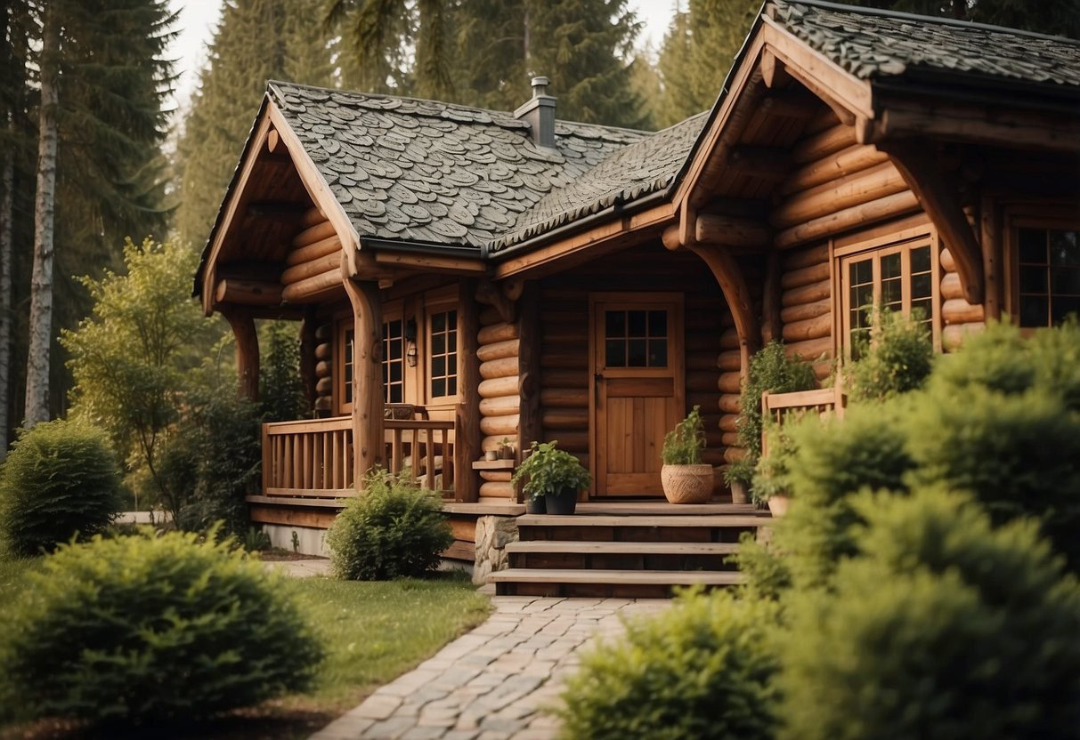 A cozy wooden cabin with decorative roof shingles and intricate carvings. Surrounding trees and a warm, inviting atmosphere