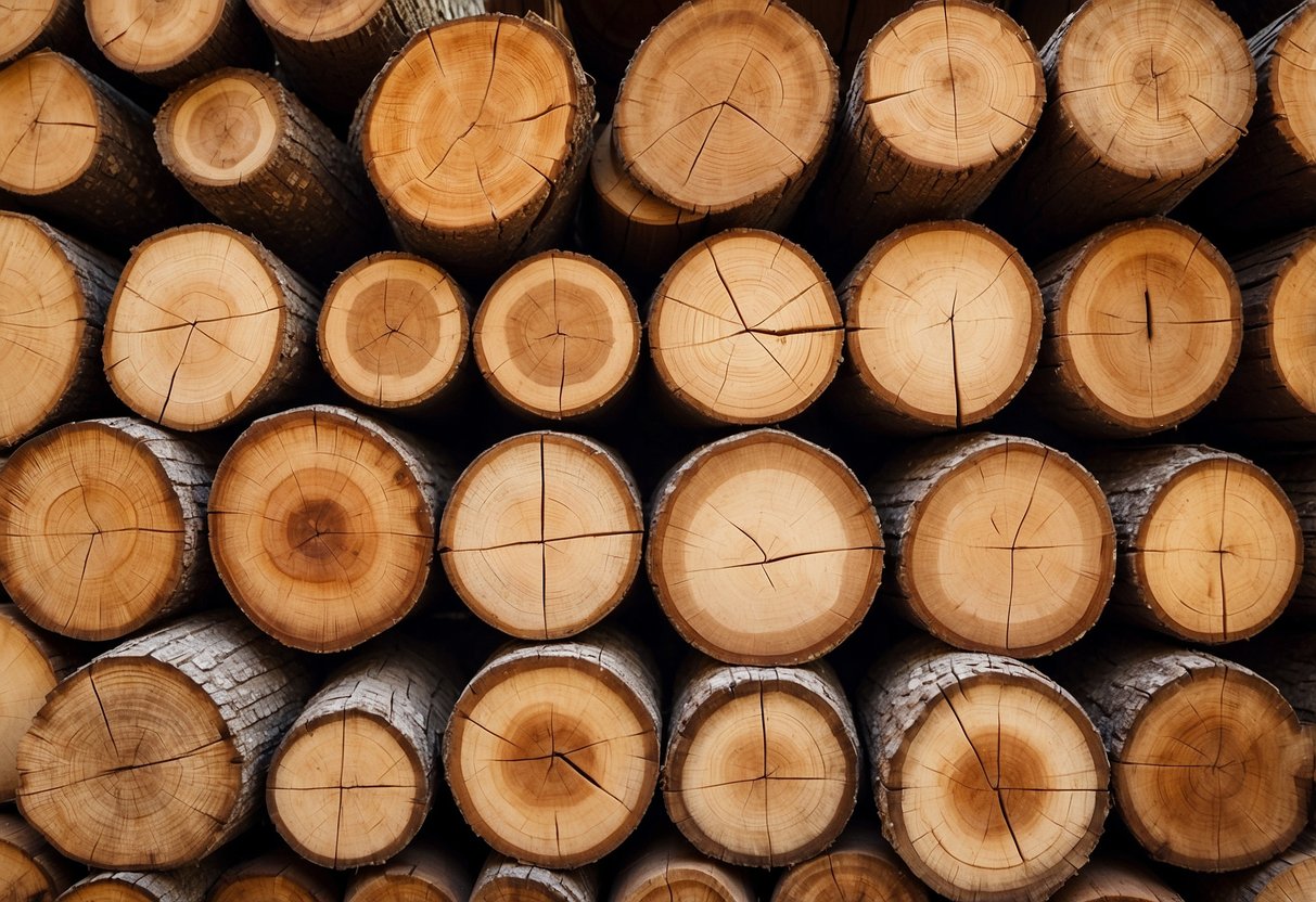 Various types of wood, like cedar, pine, and redwood, are stacked neatly in a rustic outdoor setting, ready to be used for roof decor