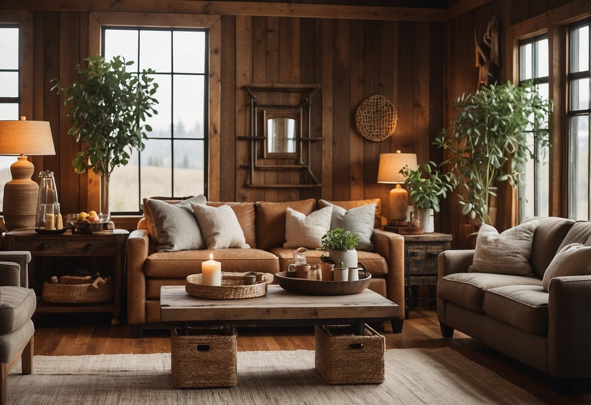 A cozy living room with wood paneling, adorned with rustic wall art and vintage decor. A warm, inviting space with earthy tones and natural textures