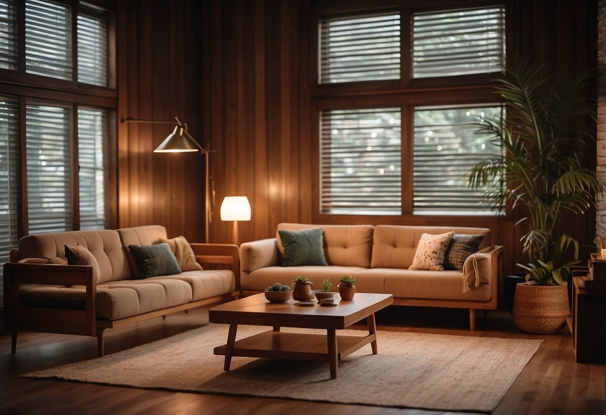 A cozy living room with teak wood panels, mid-century modern furniture, and warm lighting