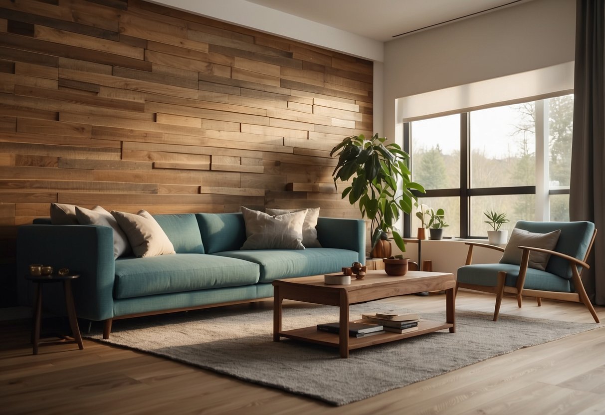 A living room with 3D wood wall tiles, casting shadows in warm light, creating a cozy and modern home decor atmosphere