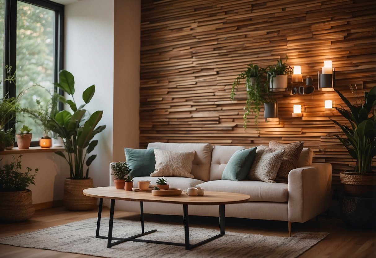 A cozy living room with BohemianMixed Wood Mosaics wood panel decor, warm lighting, and plants