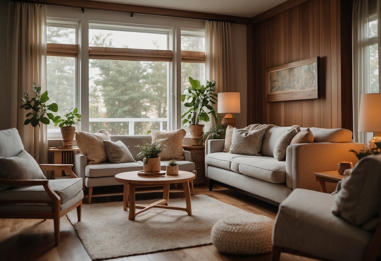 A cozy living room with warm wood paneling, adorned with decorative wall hangings and soft, inviting furniture