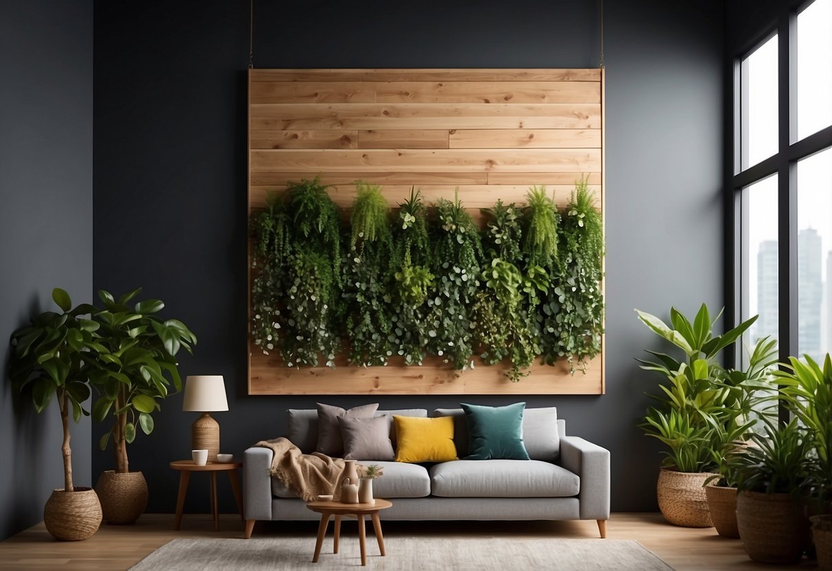 A hand-painted wood panel decor hanging on a wall, surrounded by indoor plants and natural light, with a small brush and can of wood polish nearby