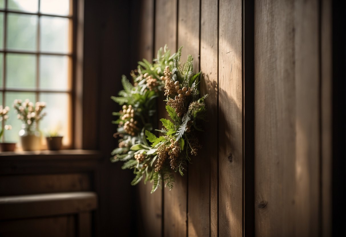 A small wreath hangs on a rustic wooden door, adorned with dried flowers and greenery. Sunlight filters through the open window, casting a warm glow on the cozy home decor