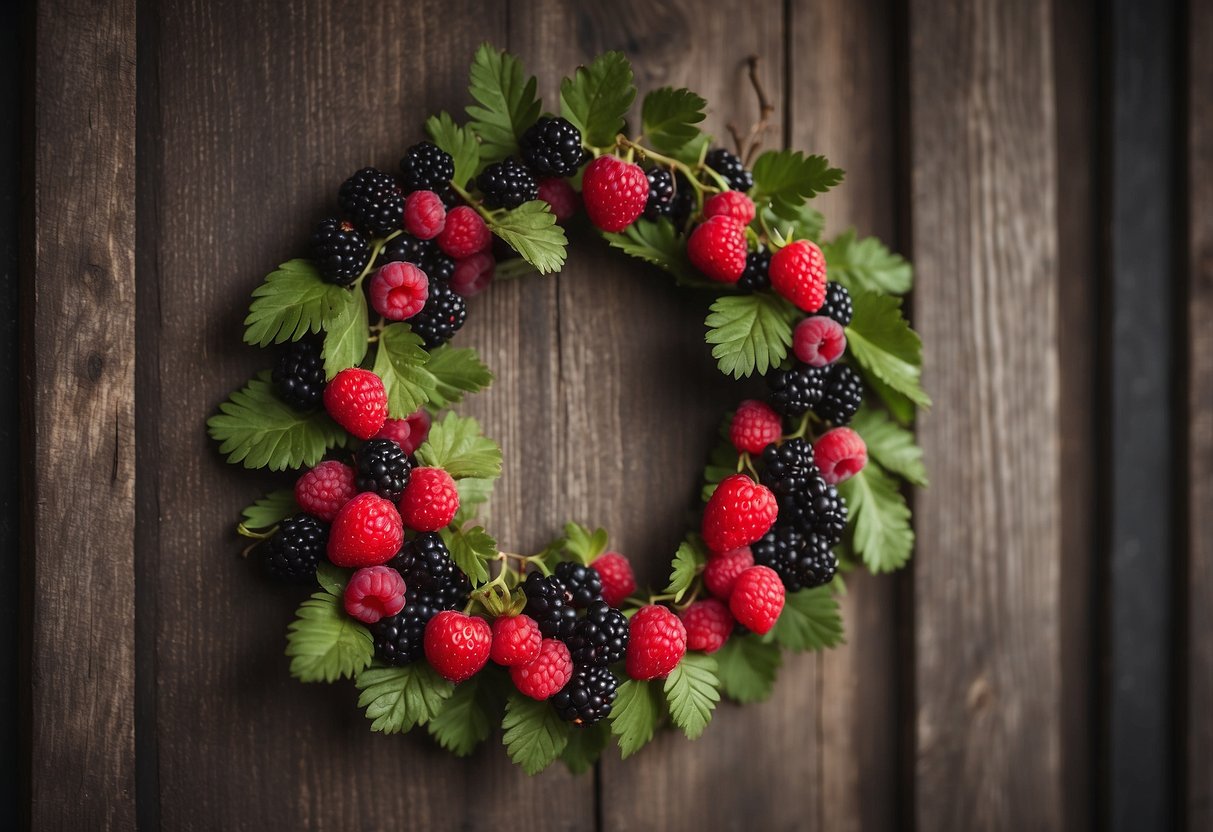 A small wreath made of mixed berries hangs on a rustic wooden door, adding a pop of color to the home decor