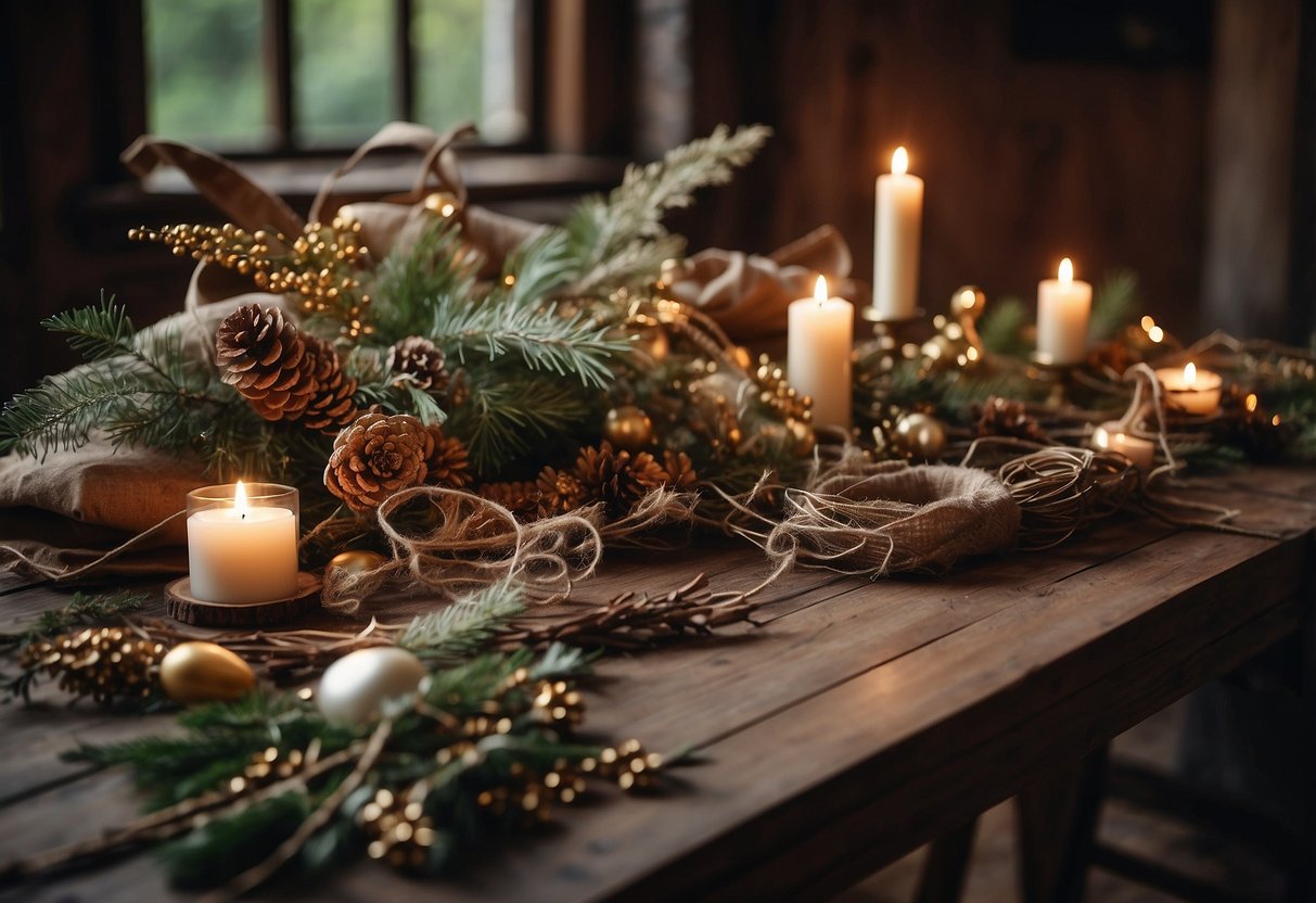 A table adorned with various wreath materials: dried flowers, twigs, ribbons, and ornaments. A pair of scissors and a glue gun sit nearby