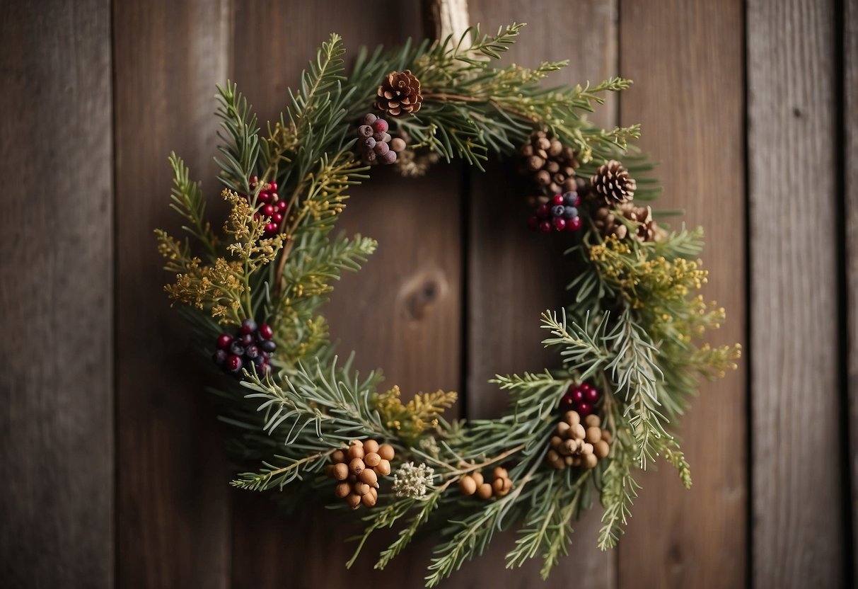 A small wreath hanging on a rustic wooden door, surrounded by earthy tones and natural elements like twigs, berries, and dried flowers