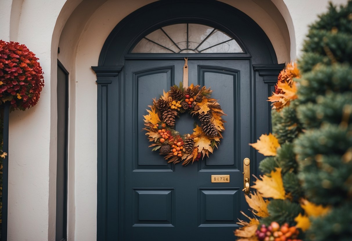 A front door adorned with a vibrant fall wreath made of colorful leaves, pinecones, and berries, accented with a burlap bow