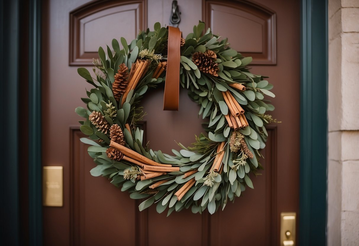 A wreath made of eucalyptus and cinnamon sticks hangs on the front door, with a warm and inviting feel for the fall season