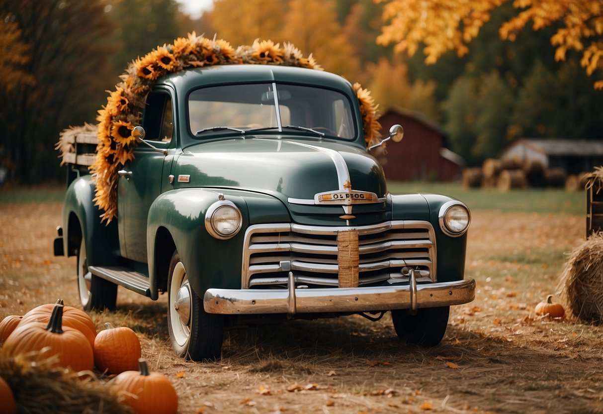 A vintage truck sits in a rustic farm setting, adorned with a harvest wreath on its front grille. The truck is surrounded by autumn foliage, pumpkins, and hay bales, creating a cozy fall decor scene