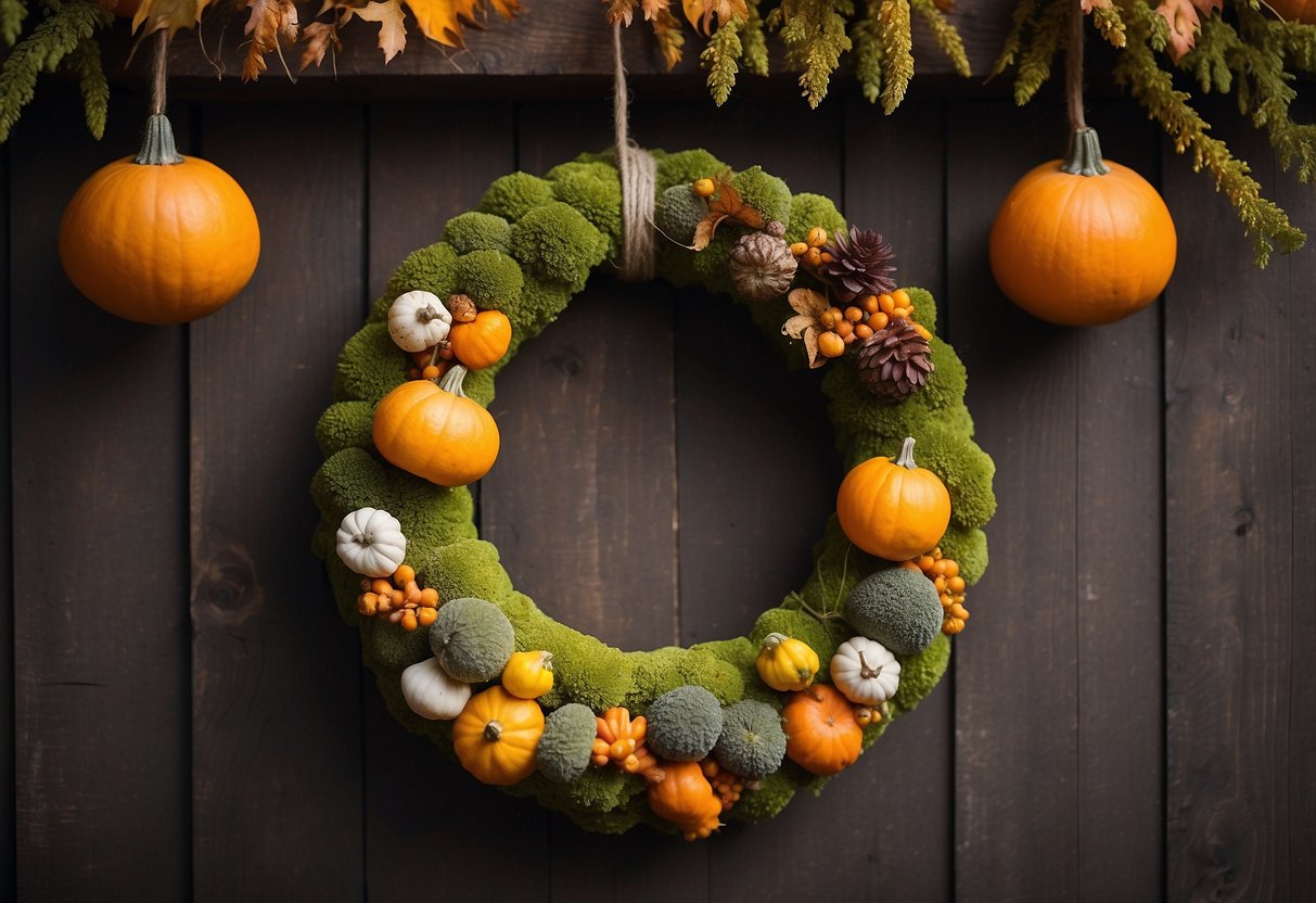 A moss-covered wreath adorned with mini gourds hangs on a rustic wooden door, surrounded by colorful autumn leaves