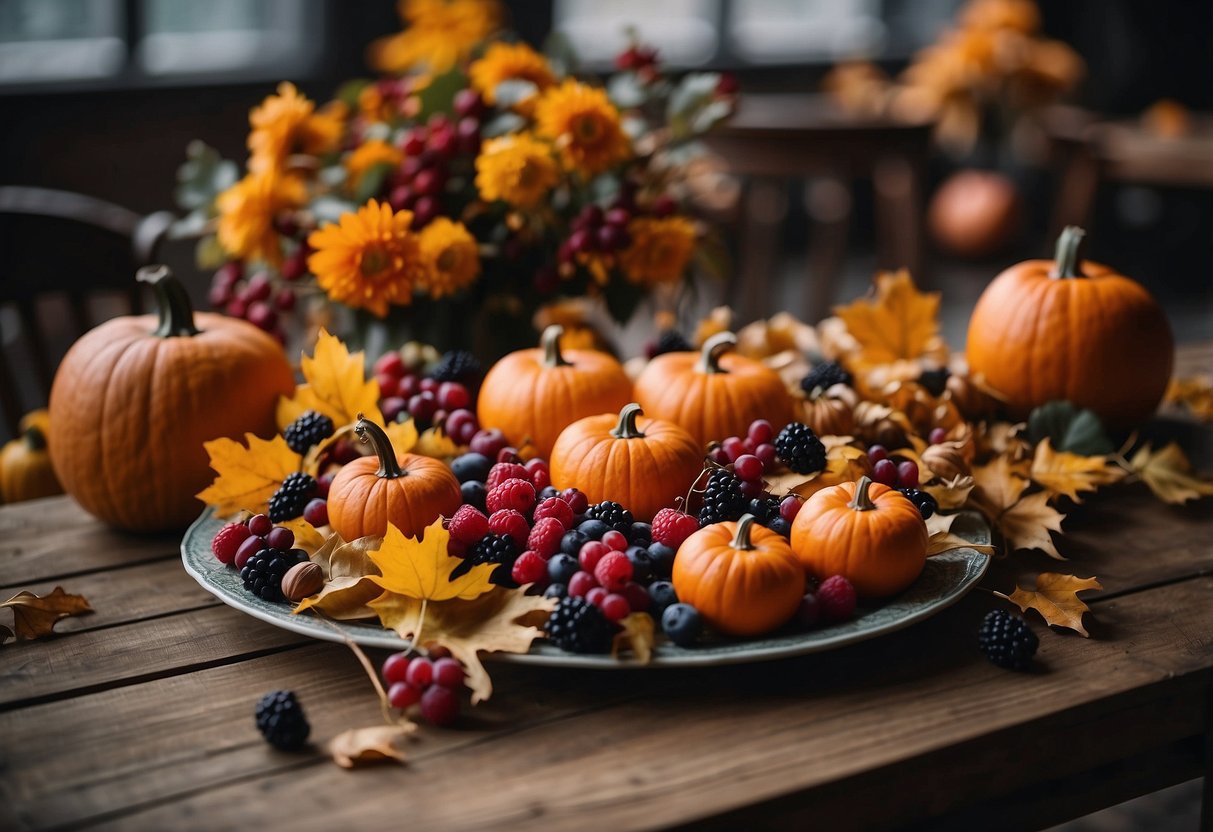 A table with a variety of colorful fall leaves, pumpkins, and berries. A wreath frame and ribbon nearby