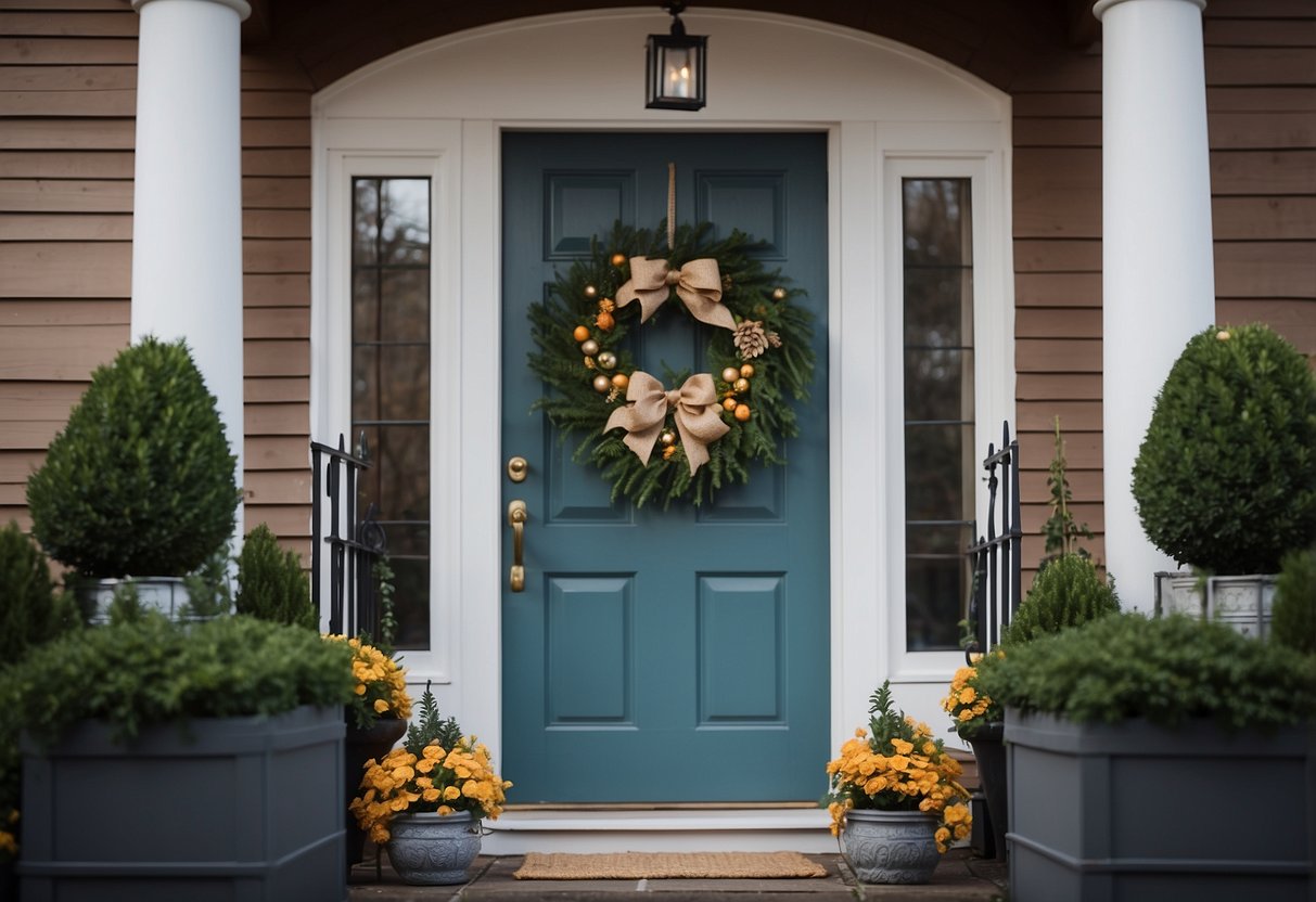 A front door with a "home" sign adorned with a festive wreath