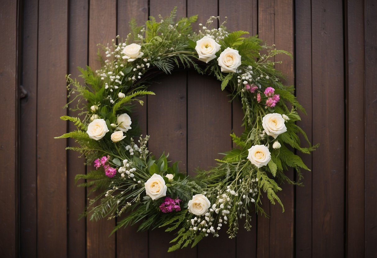 A floral wreath hangs on a rustic wooden door, with seasonal flowers and greenery arranged in a circular pattern