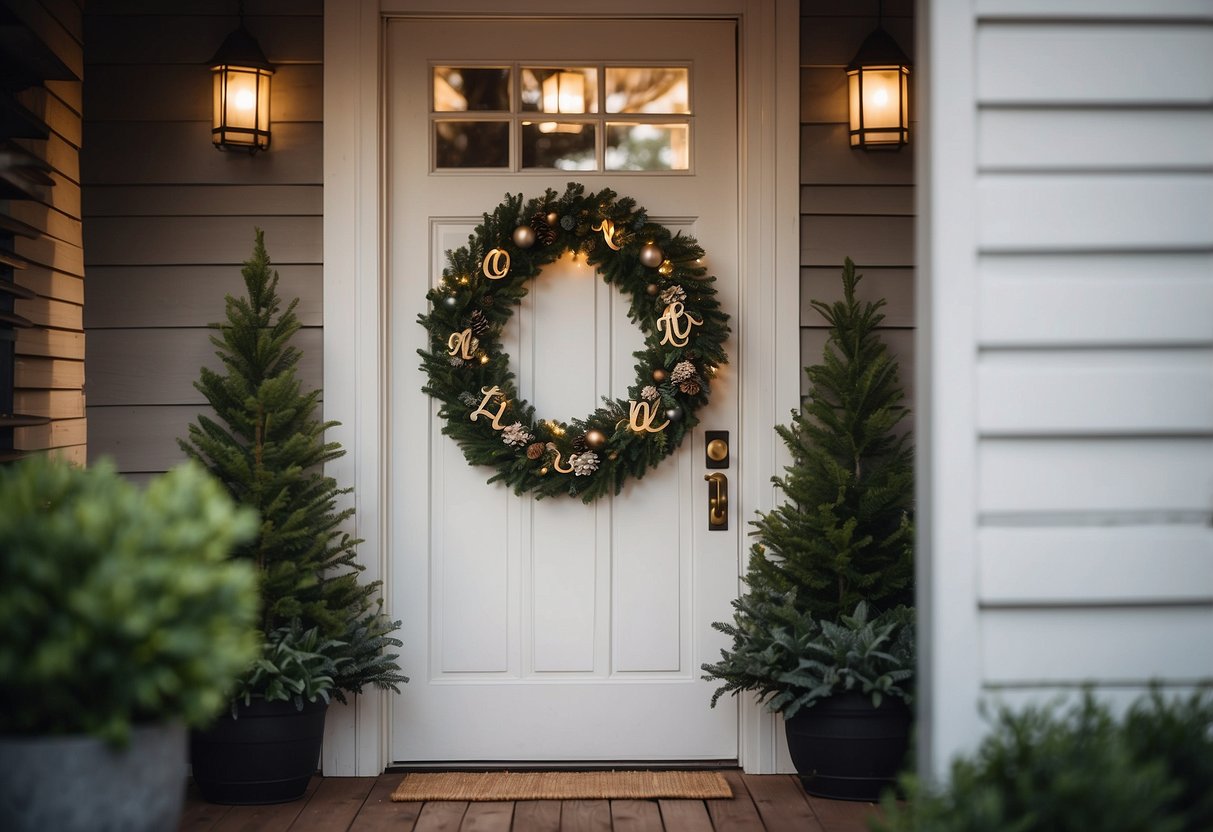 A wooden home sign with a festive wreath hangs on a white door, surrounded by greenery and twinkling lights