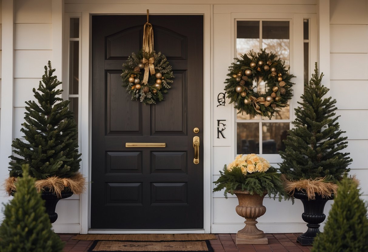 A home sign hangs on a door, adorned with a festive wreath. Various wreath decorating styles are displayed nearby for inspiration