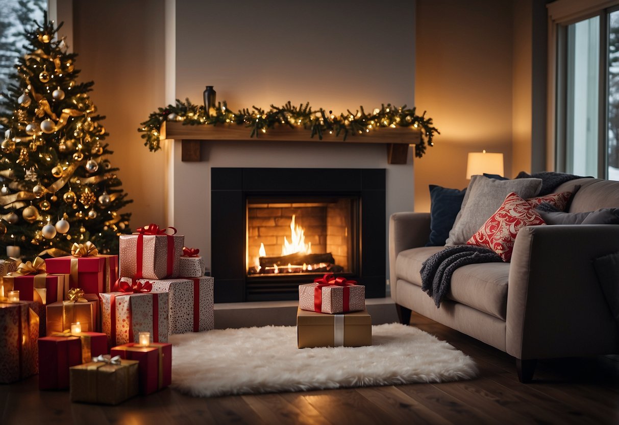 A cozy living room with a festive fireplace, adorned with wrapped presents and a wreath. A table is covered in wrapping paper and ribbons, ready for holiday gift-wrapping