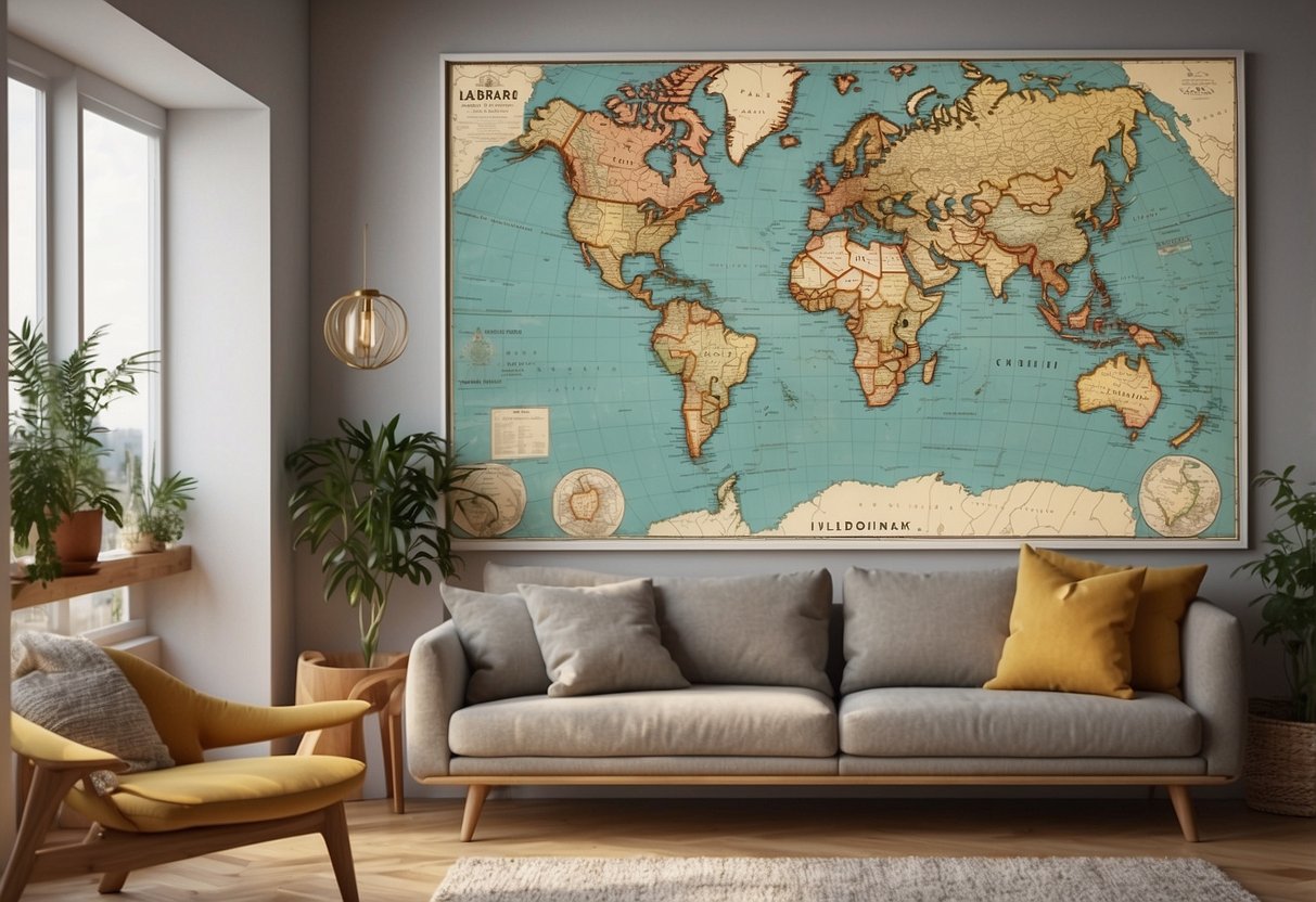 A vintage map wrapping paper is carefully framed and hung on a wall, serving as unique and stylish home decor