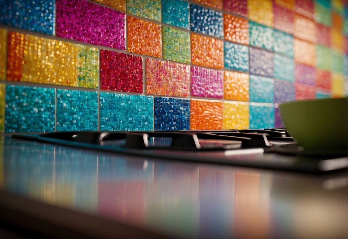 Brightly colored wrapping paper arranged in a mosaic pattern on a kitchen backsplash, adding a vibrant and playful touch to the decor