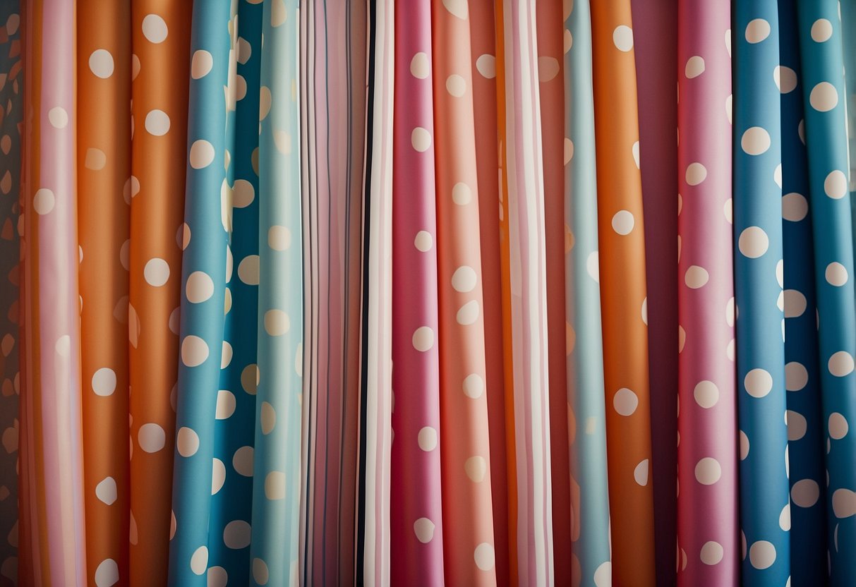 Bright stripes and polka dots wrapping paper curtains cascading from the ceiling, adding a playful touch to the room's decor