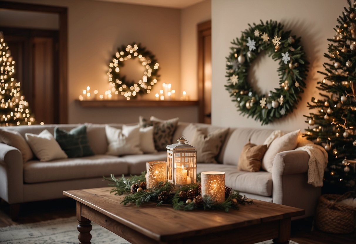 A cozy living room with handmade paper snowflakes, twinkle lights, and a homemade wreath on the wall. A table is adorned with DIY ornaments and a festive centerpiece