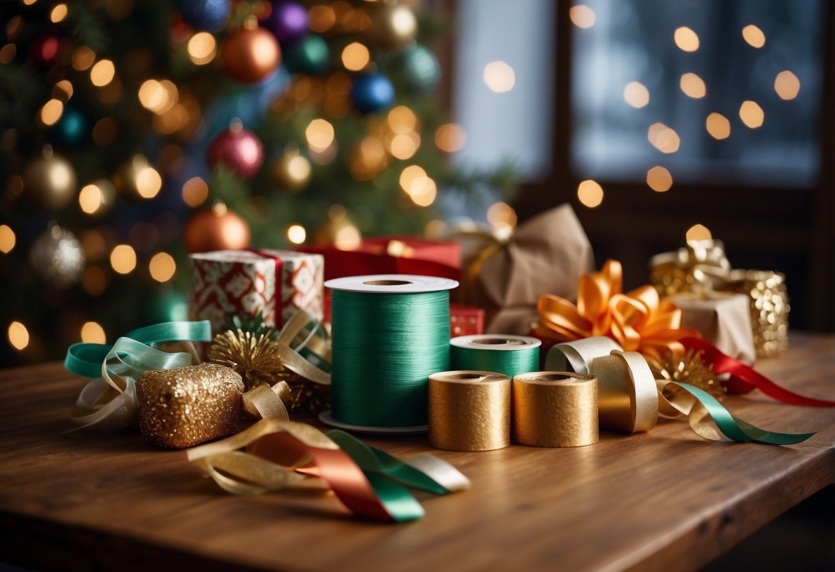 A table with various craft materials: ribbons, glue, scissors, and colorful paper. A decorated Christmas tree in the background