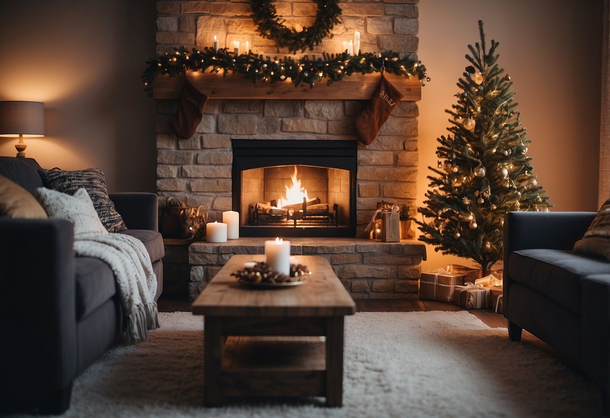 A cozy living room with handmade ornaments, twinkling lights, and personalized stockings hung by the fireplace