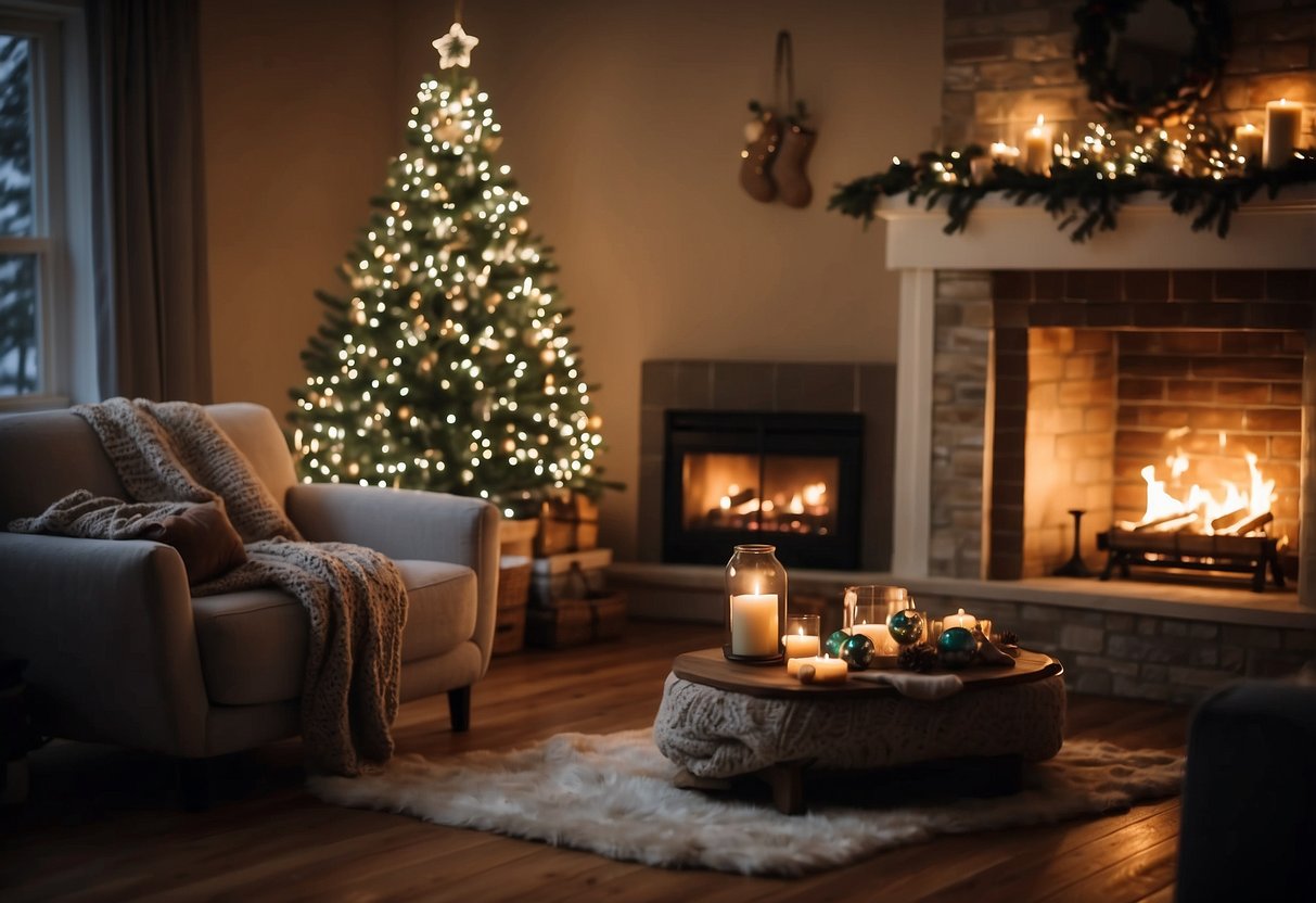 A cozy living room with a festive Christmas tree, twinkling lights, and cozy blankets. A warm fireplace with stockings hung and a table set with holiday decor