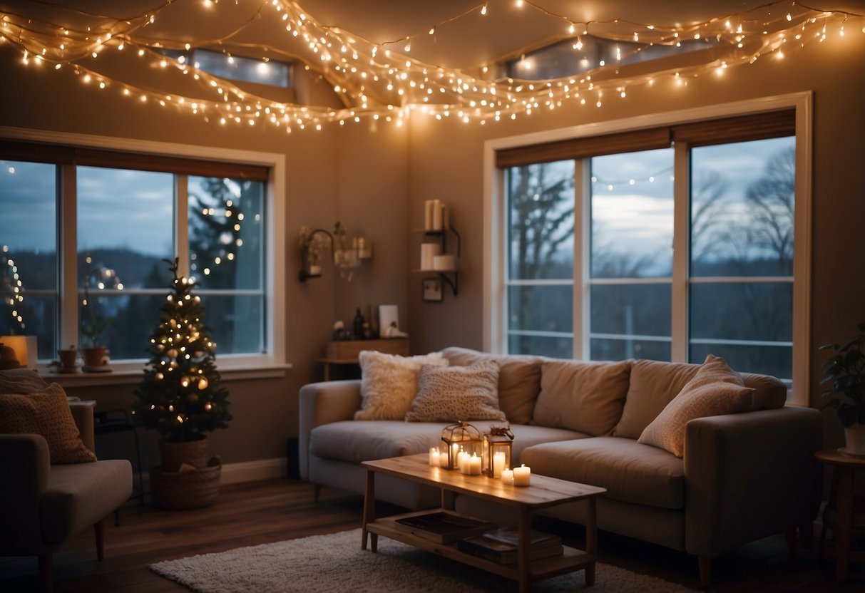 A cozy living room with a fairy light canopy draped over a window, creating a warm and festive holiday atmosphere