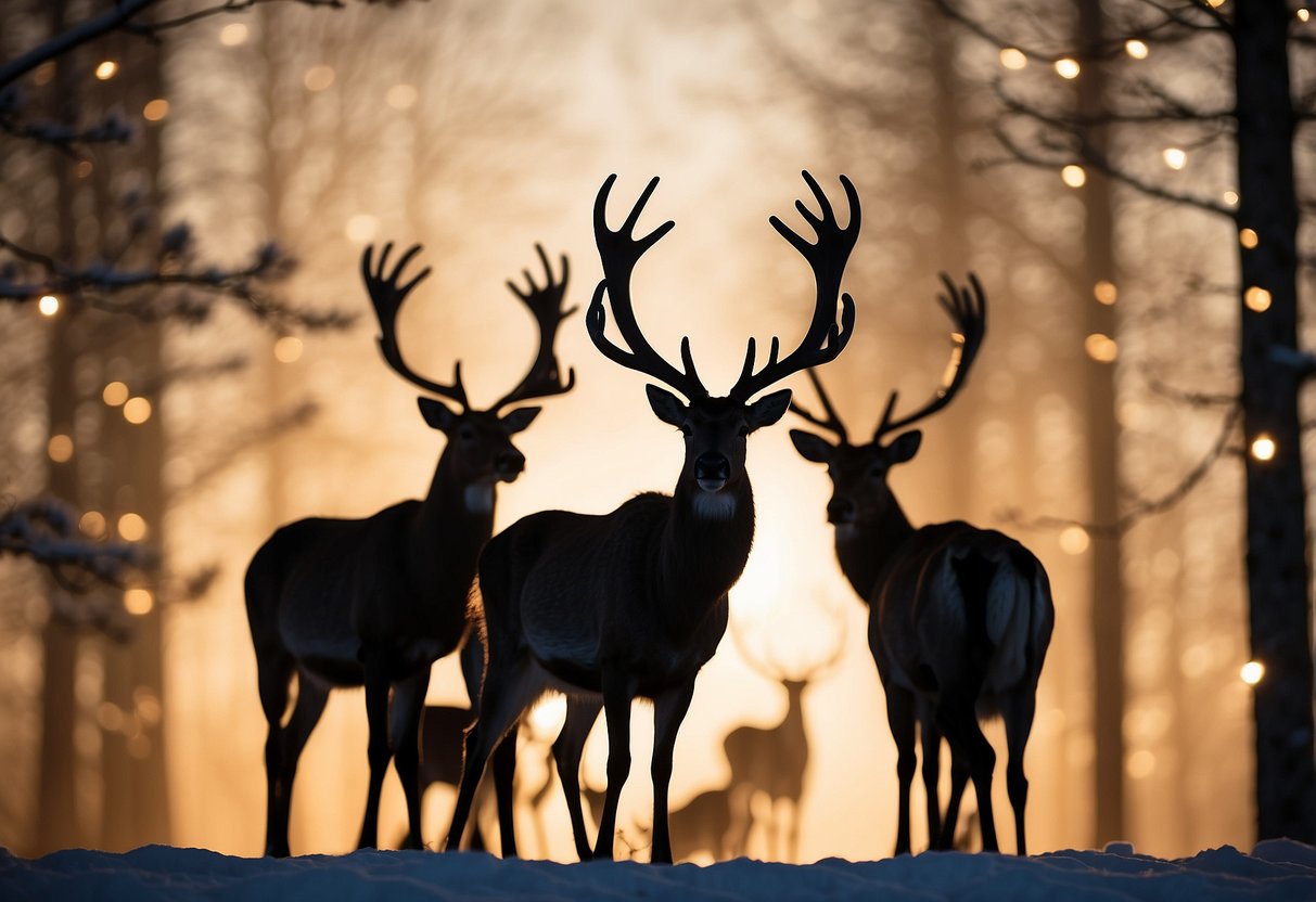 A group of reindeer silhouettes cutouts stand against a snowy backdrop, their antlers reaching towards the sky. The warm glow of Christmas lights illuminates the scene, creating a cozy and festive atmosphere