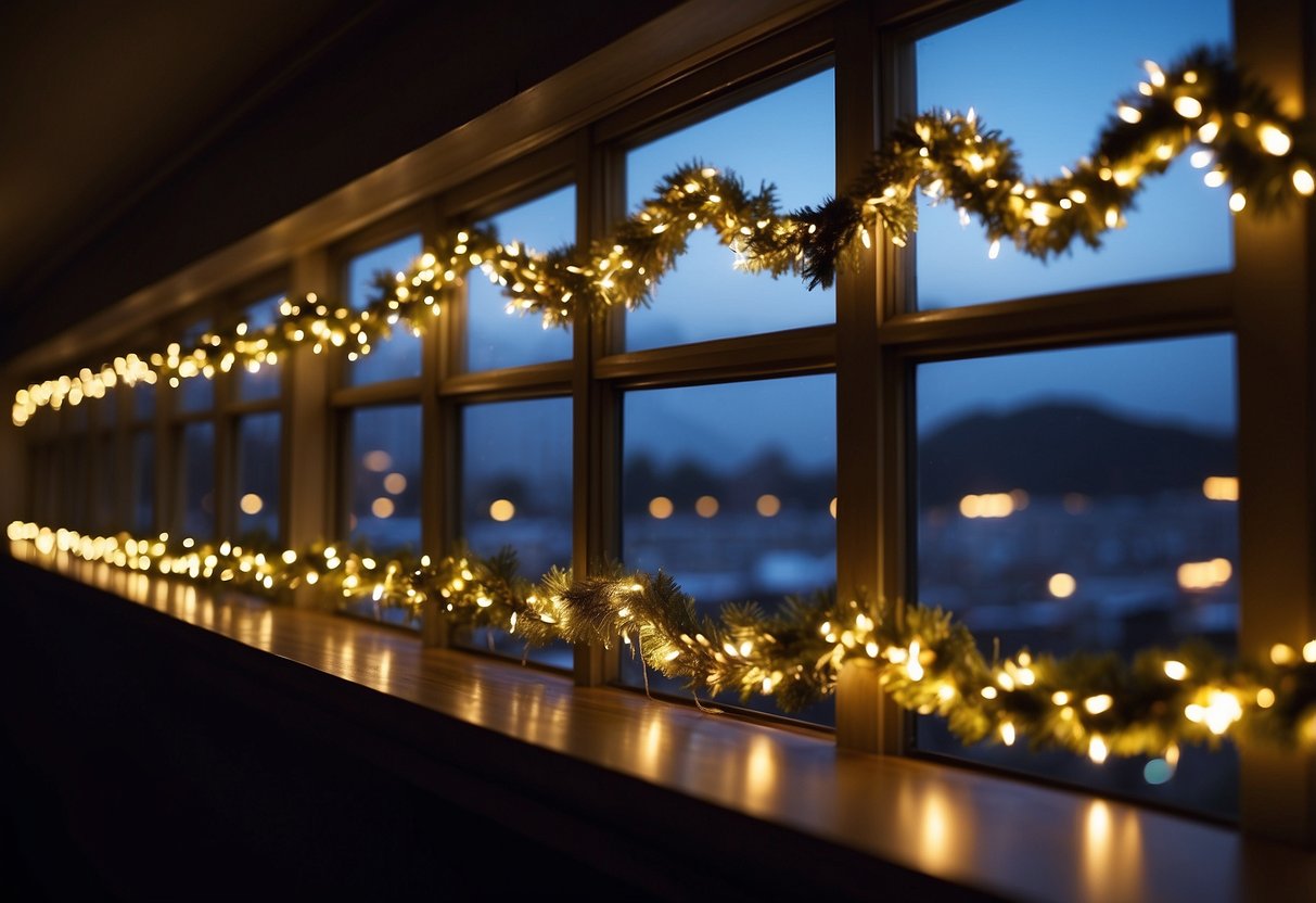 A festive holiday garland drapes across a window, adorned with twinkling lights, creating a warm and inviting xmas home decor display