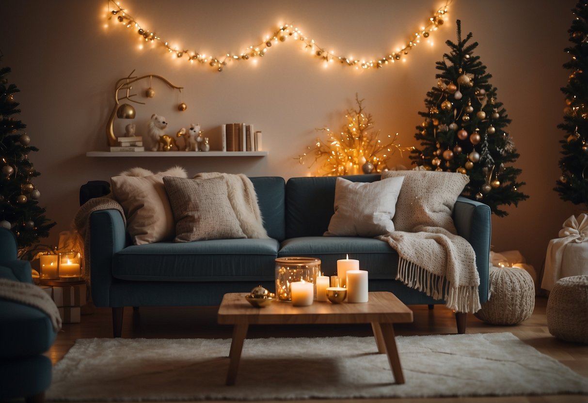 A cozy living room adorned with vintage ornaments and twinkling lights, creating a warm and festive holiday atmosphere