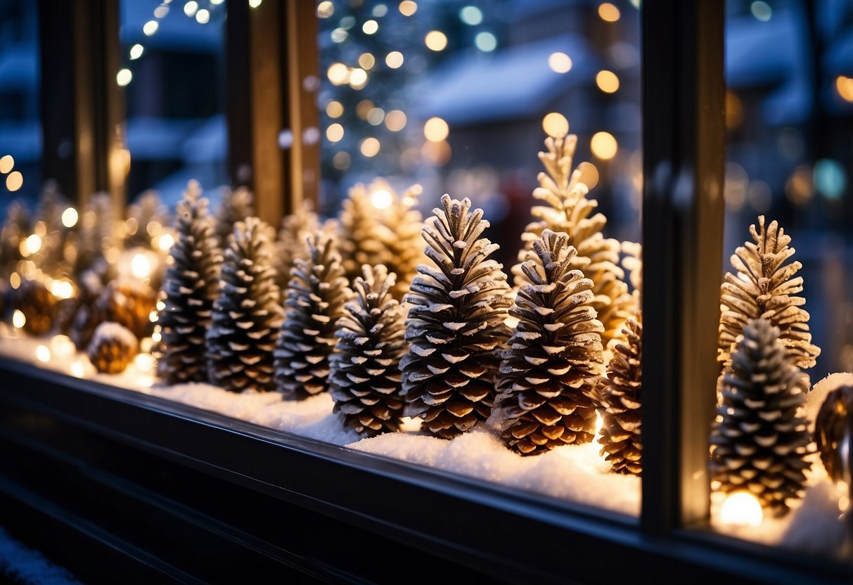 A window display with frosted pinecones and xmas decor