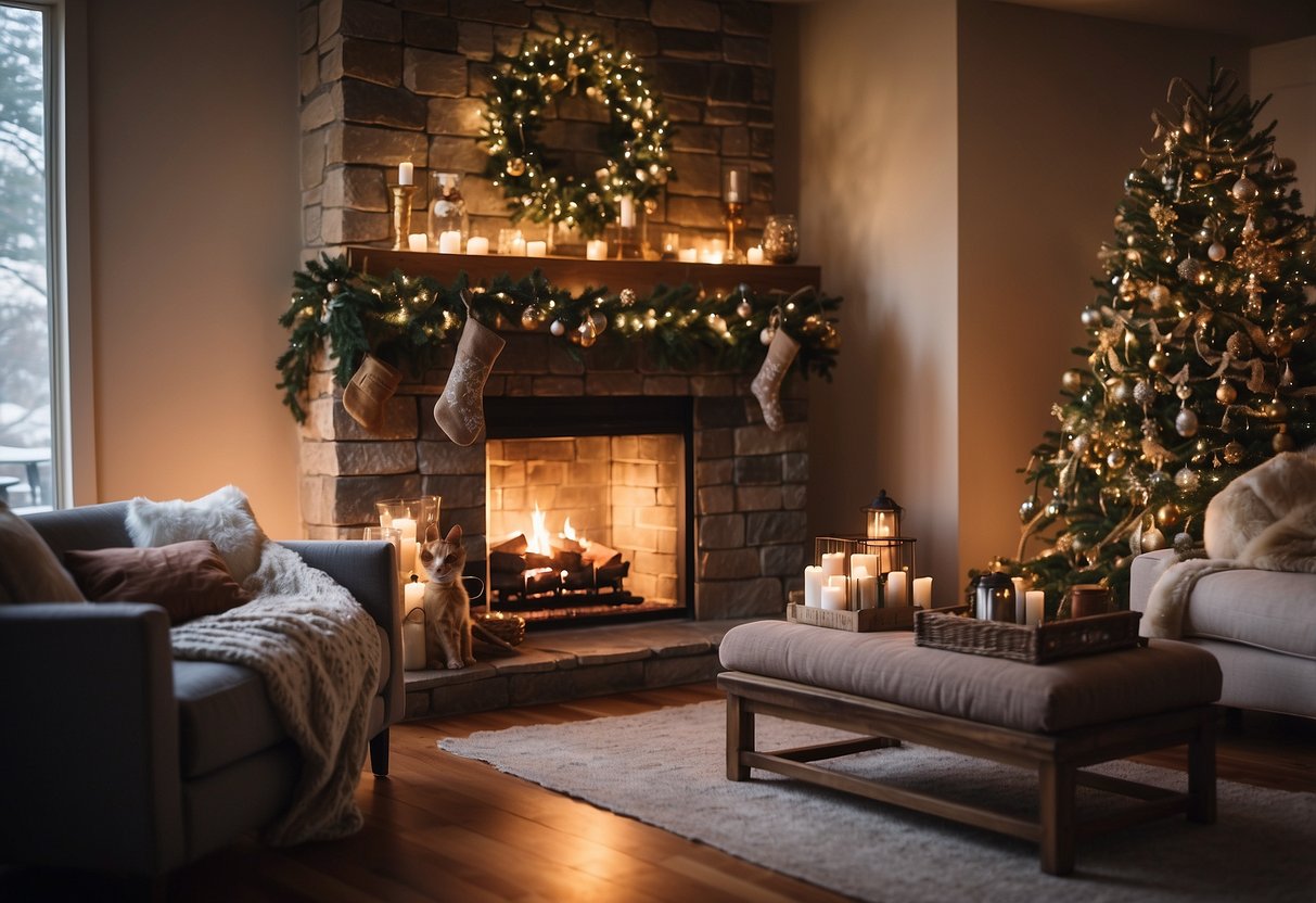 A cozy living room with a glowing fireplace, a beautifully decorated Christmas tree, and festive holiday accents throughout the space