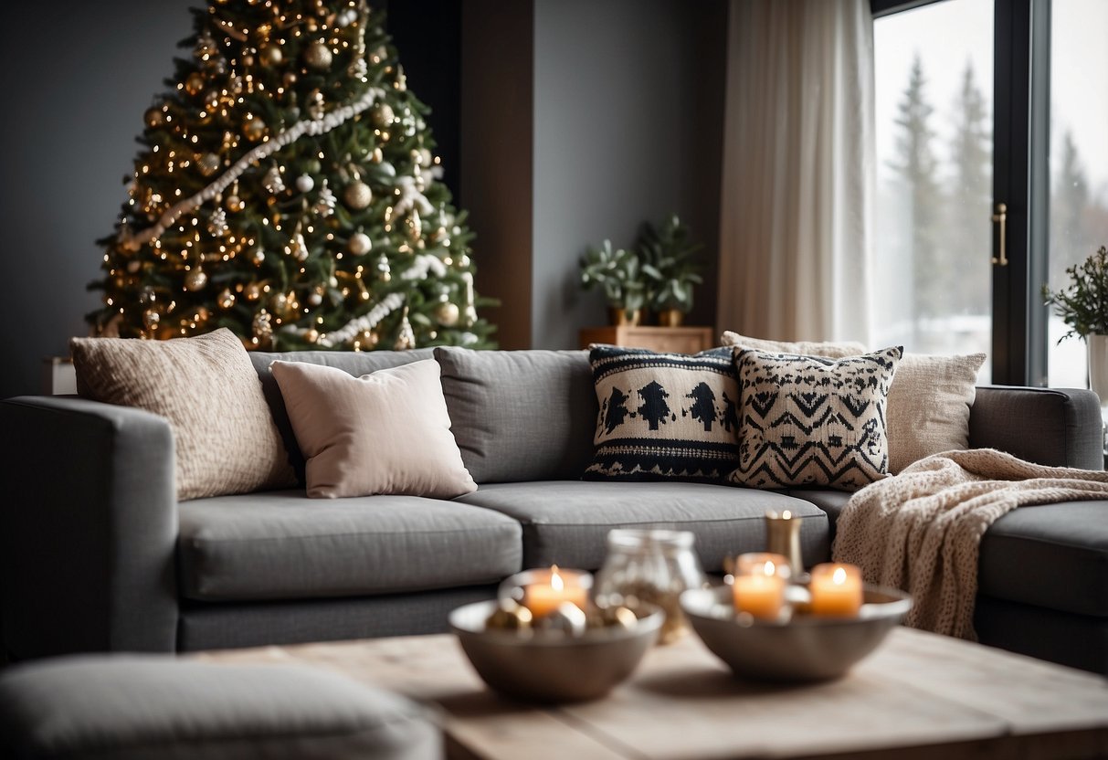 A cozy living room with festive xmas home decor ideas - decorative pillows arranged on the sofa and scattered around the room