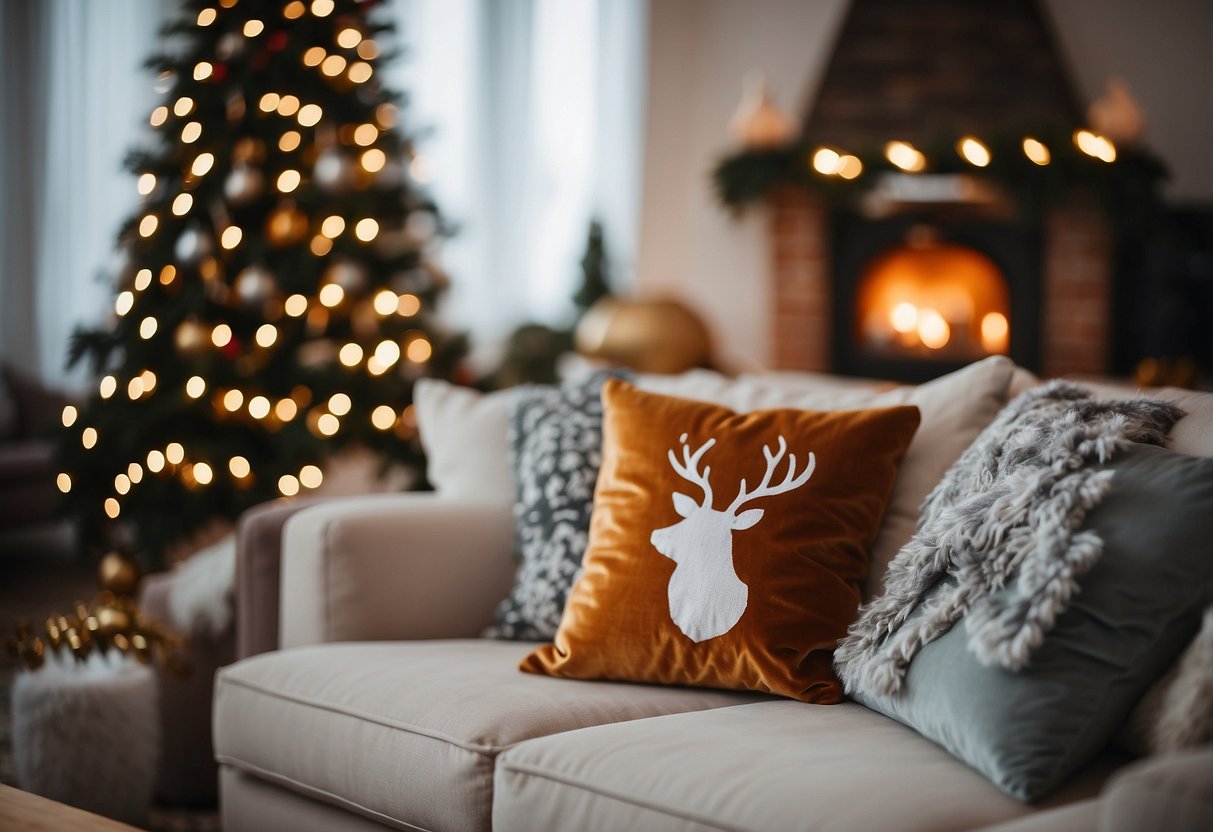 A cozy living room with a festive reindeer velvet cushion nestled among other decorative pillows, adding a touch of Christmas home decor to the space