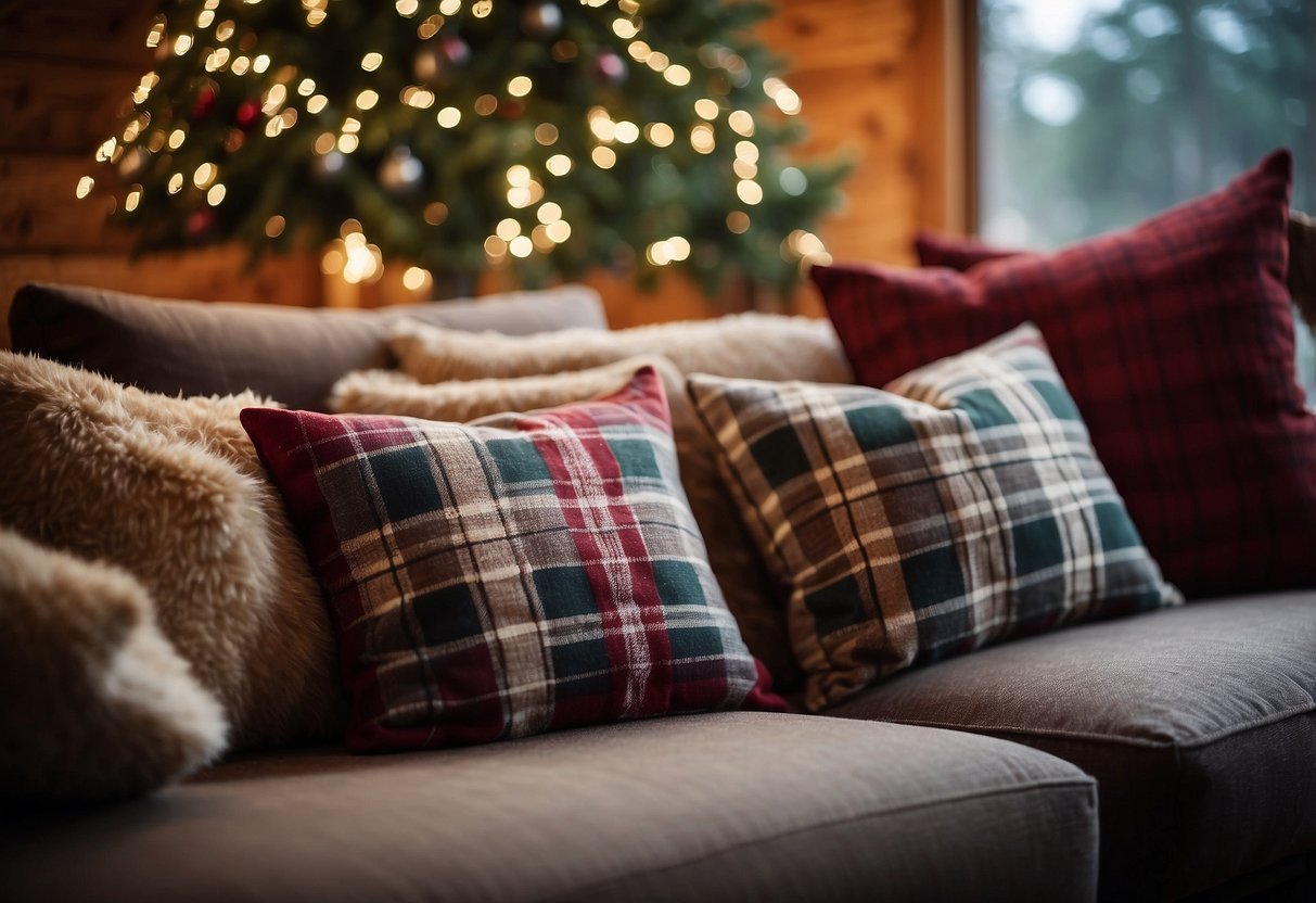 A cozy cabin adorned with plaid pillows, creating a warm and festive atmosphere for Christmas home decor