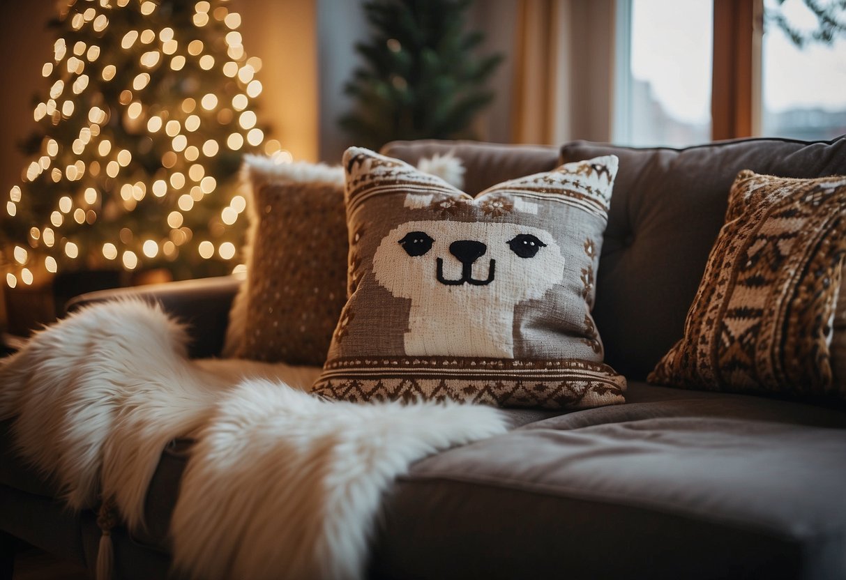 A cozy living room with a festive llama pillow cover on a couch, surrounded by other decorative pillows, creating a warm and inviting Christmas home decor