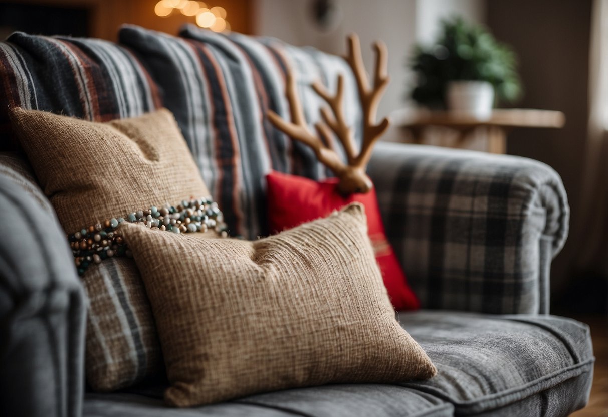 A cozy living room with a rustic burlap reindeer pillow nestled on a plaid couch, surrounded by other festive decorative pillows