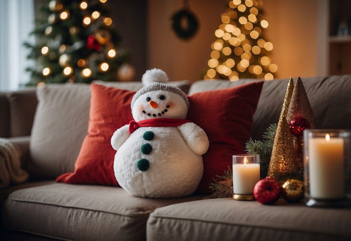 A cozy living room with a festive holiday theme, featuring a decorative pillow with a cheerful snowman design, surrounded by other Christmas home decor items