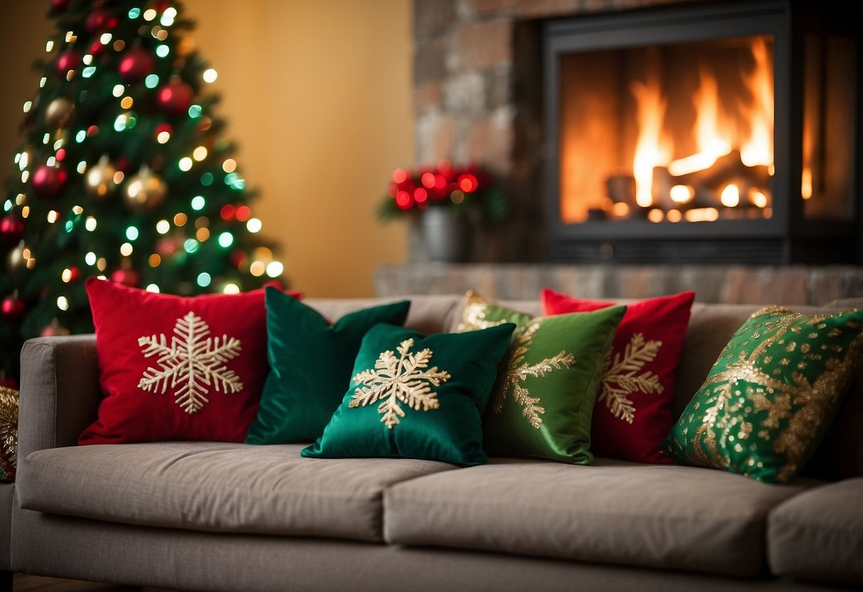 A warm, inviting living room with a crackling fire, adorned with festive Christmas pillows in red and green, creating a cozy holiday ambiance