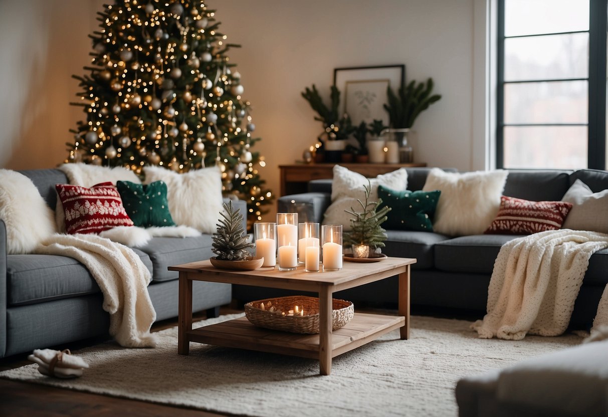 A cozy living room with a festive Christmas tree, decorative pillows, and stylish home decor ideas for the holiday season