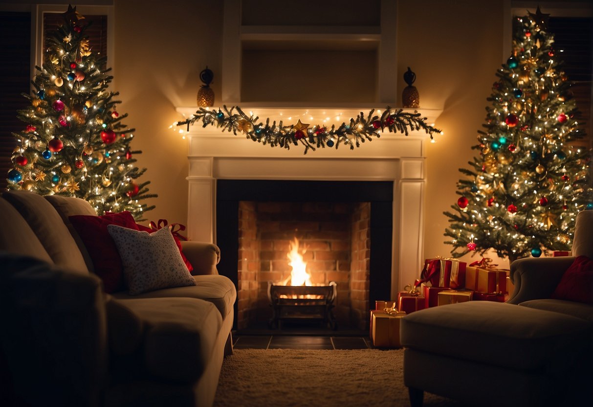 A cozy living room with a beautifully decorated Christmas tree, adorned with twinkling lights, colorful ornaments, and a shining star topper. Festive garlands, wreaths, and stockings complete the joyful holiday scene