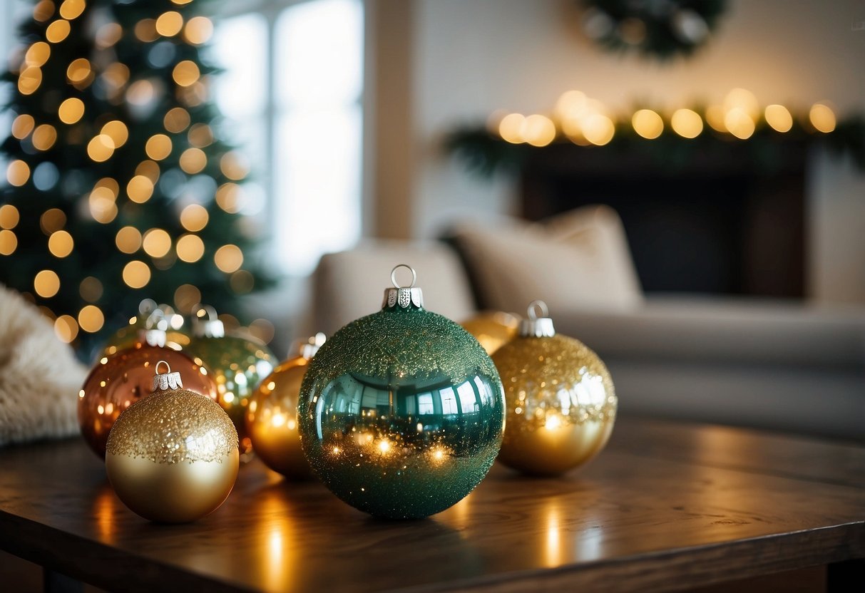 A cozy living room adorned with vintage glass baubles, twinkling Christmas trees, and festive holiday decor