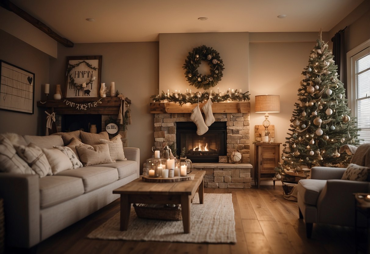 A cozy living room with burlap ribbon adorned Christmas trees and rustic home decor