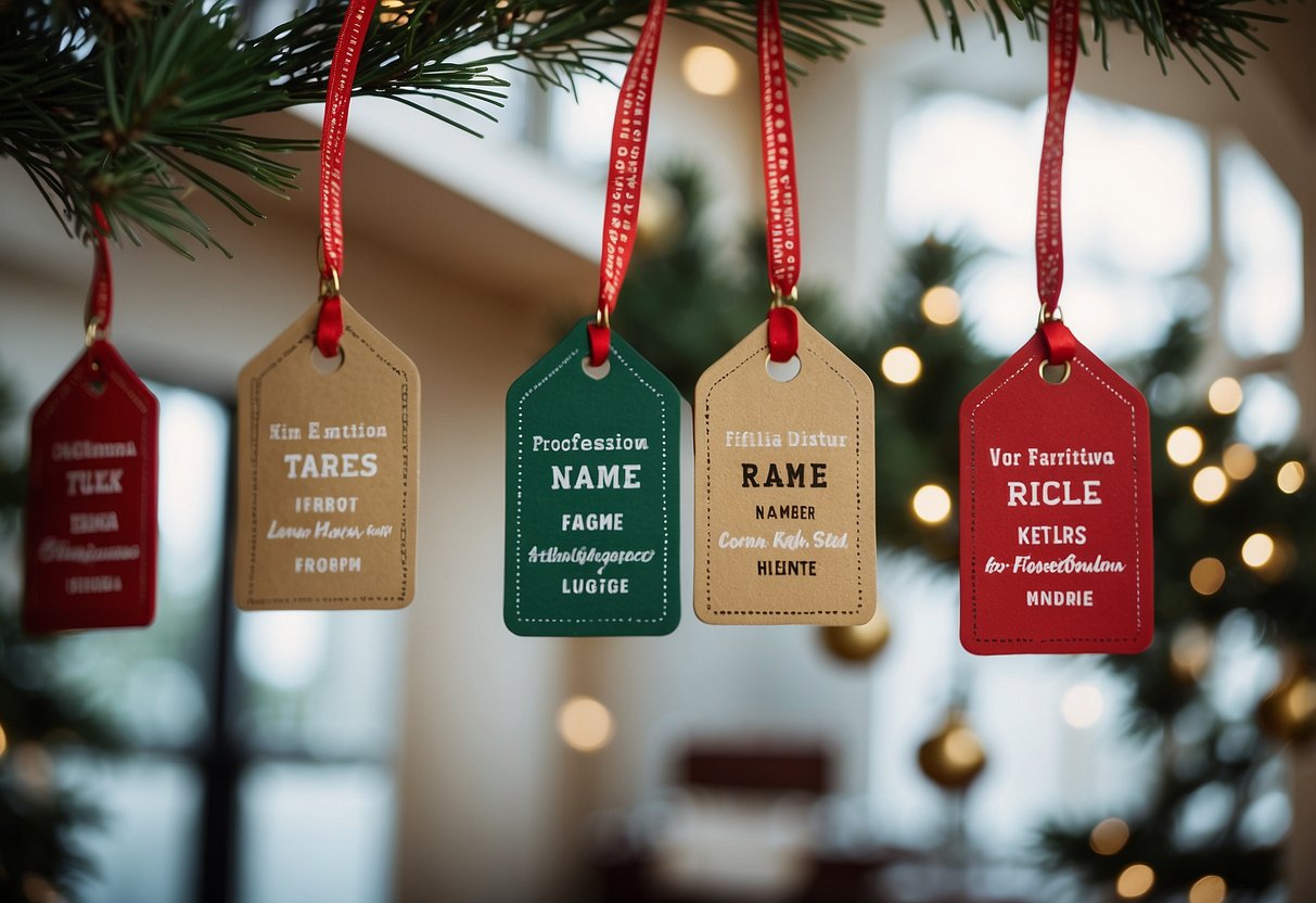 Colorful name tags hang from festive xmas trees in a cozy home setting