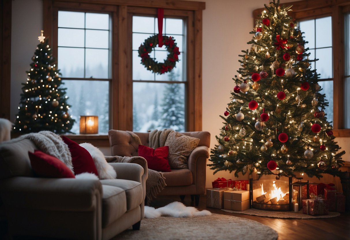 A cozy living room with a crackling fireplace, adorned with velvet Christmas stockings hanging from the mantel. A beautifully decorated Christmas tree stands in the corner, adding to the festive ambiance