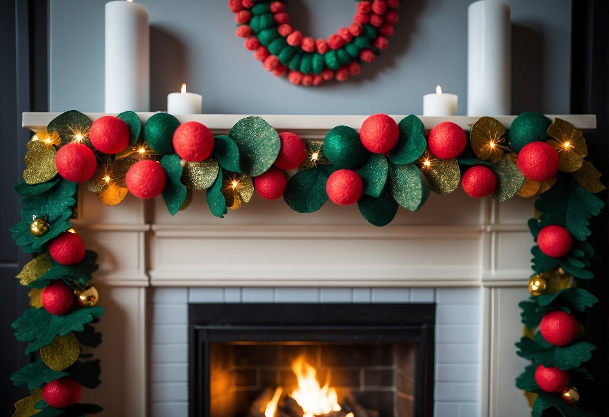 Colorful felt garland drapes across fireplace, adorned with mini xmas trees. Festive home decor for Christmas