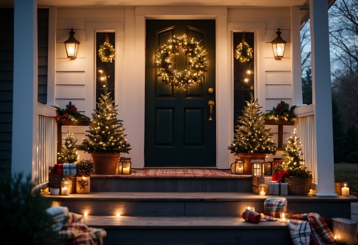 A front porch adorned with festive Christmas decor: twinkling lights, a wreath on the door, potted evergreens, and a cozy rocking chair with a plaid blanket